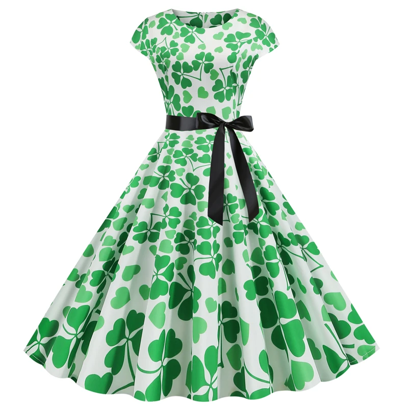 

New Shamrock Play Costume Summer Green St. Patrick's Day Halloween Round Neck Short Sleeve Swing Dress Party Dress Women
