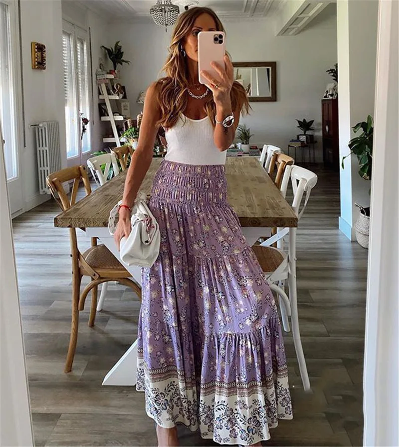 

Bohemian Women Summer Skirt Casual Shrinkage Elastic High Waist Print Holiday Long Skirt Vintage Floral A-line Maxi Skirt Female