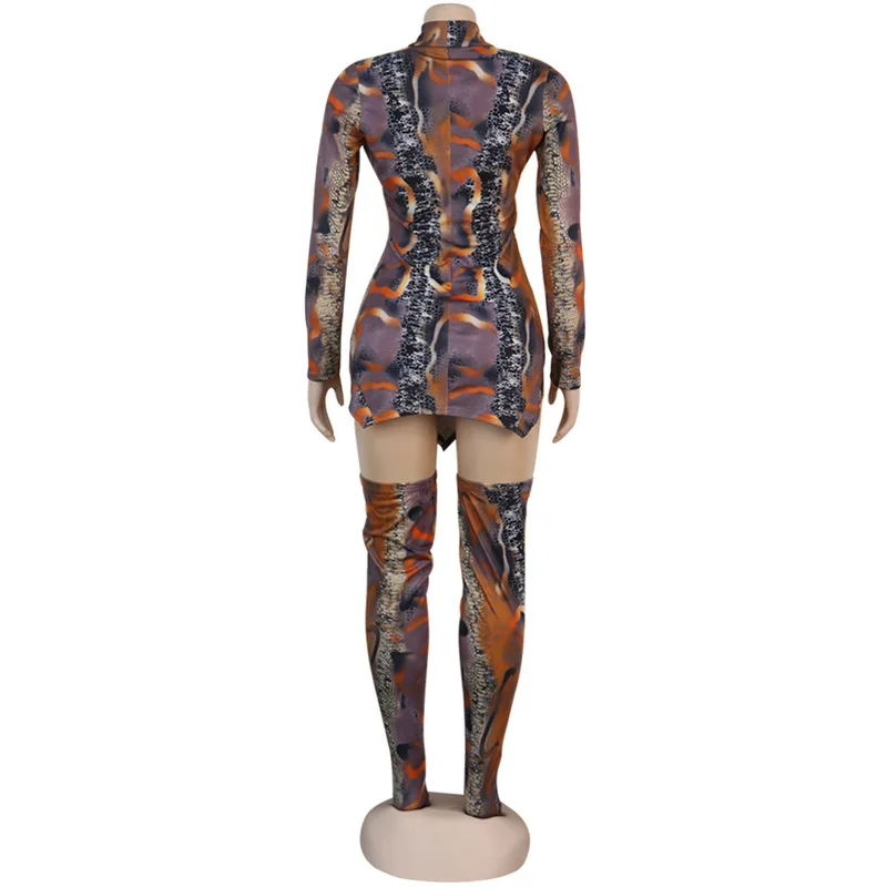

Snake Skin Print Two Piece Set Women Rave Festival Clothes High Necked Long Sleeve Top Long Boots Vintage Matching Set Outfit