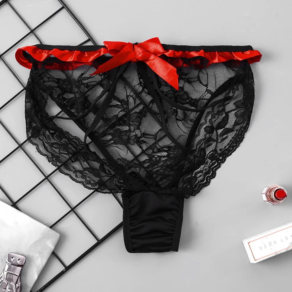 Черные/Красные кружевные трусы для женщин модные однотонные трусики с бантом