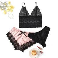leechee 3pcs pajamas set womans nightie cami top with 2 shorts sexy sleepwear floral lace nightwear summer new female home suit