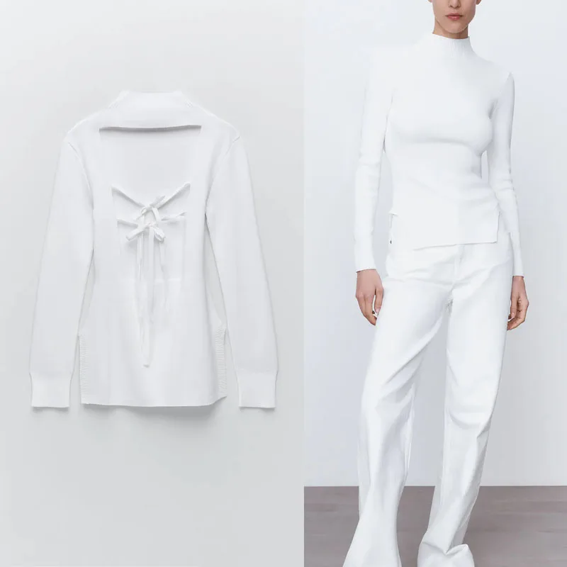 

Женский Асимметричный свитер Za, белый вязаный Топ с открытой спиной и длинным рукавом, с воротником-хомутом, весна 2021