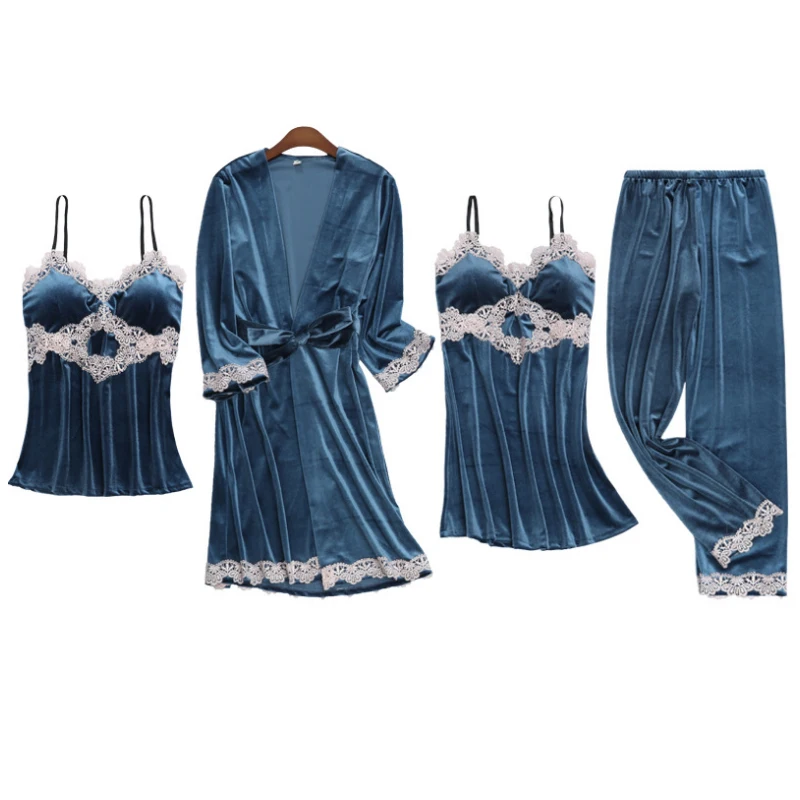 Золотистый бархатный пижамный комплект из 4 предметов Сексуальная кружевная