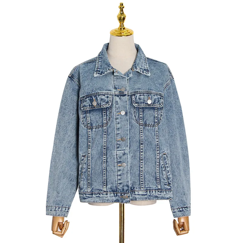 

Spring Autumn 2021 New Fashion Casual Lapel Single Breasted Solid Color Loose Style Denim Jacket Turn-down Collar Tops Coat S3K4