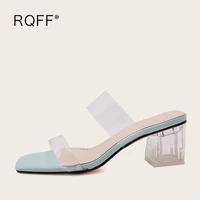 outside flip flop handmade peep toe mules slippers slides for woman 2021 summer new fashion transparent high square heels shoes