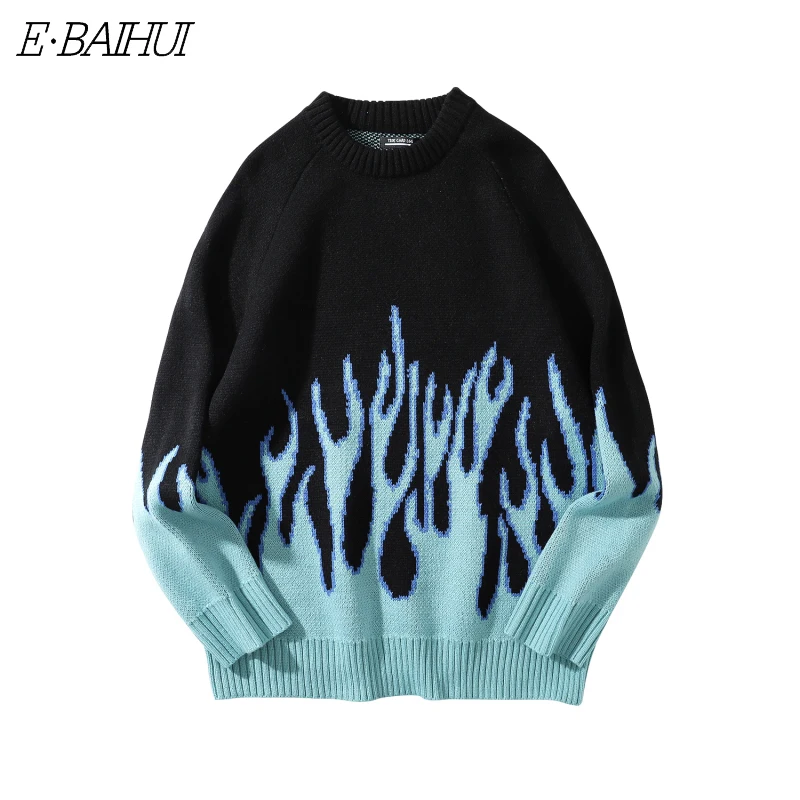 

Свитер мужской в стиле ретро, уличная одежда с принтом пламени, в стиле хип-хоп, пуловер из спандекса с круглым вырезом, повседневный Свитер ...