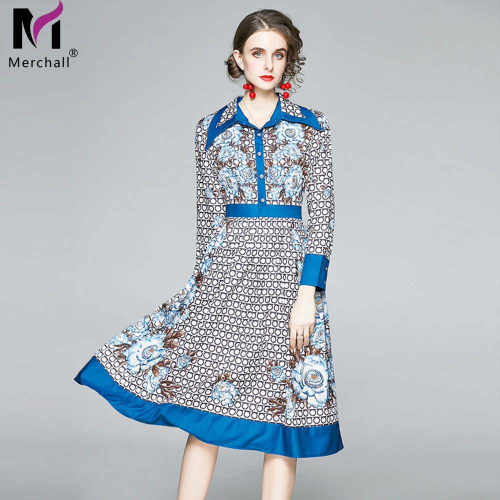 

Merhcall Women Autumn Long Sleeve Floral Dress Runway Vintage Dot Printed Elegant Party Midi Shirt Dress Vestidos De Fiesta