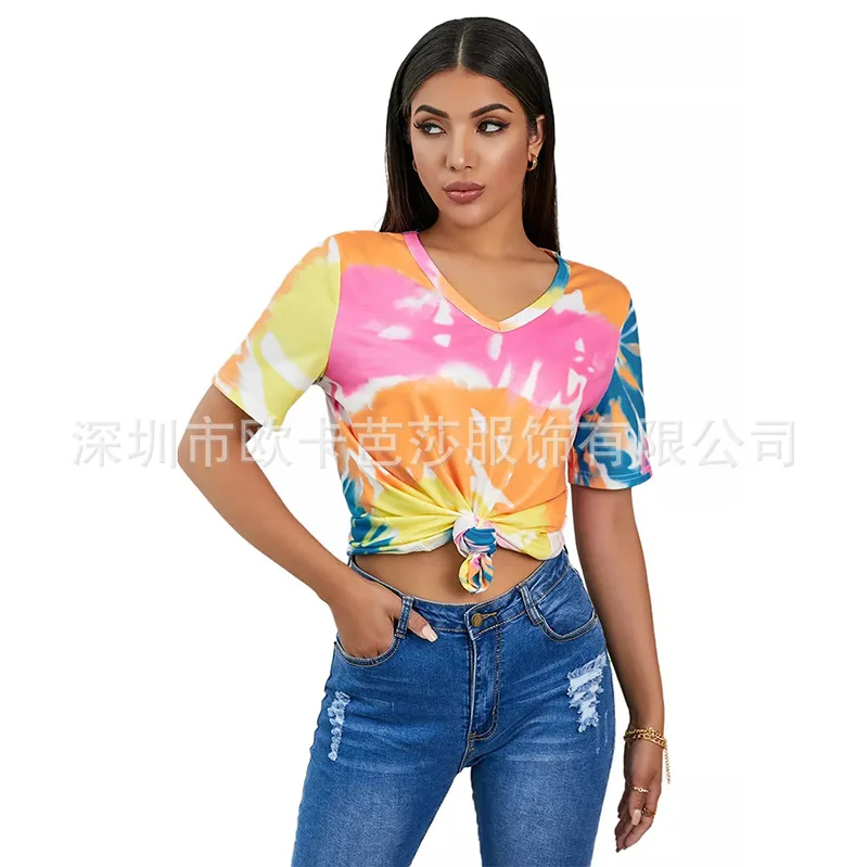 

2021 spring and summer new casual loose V-neck top women's printed tie dyed short sleeve T-shirt