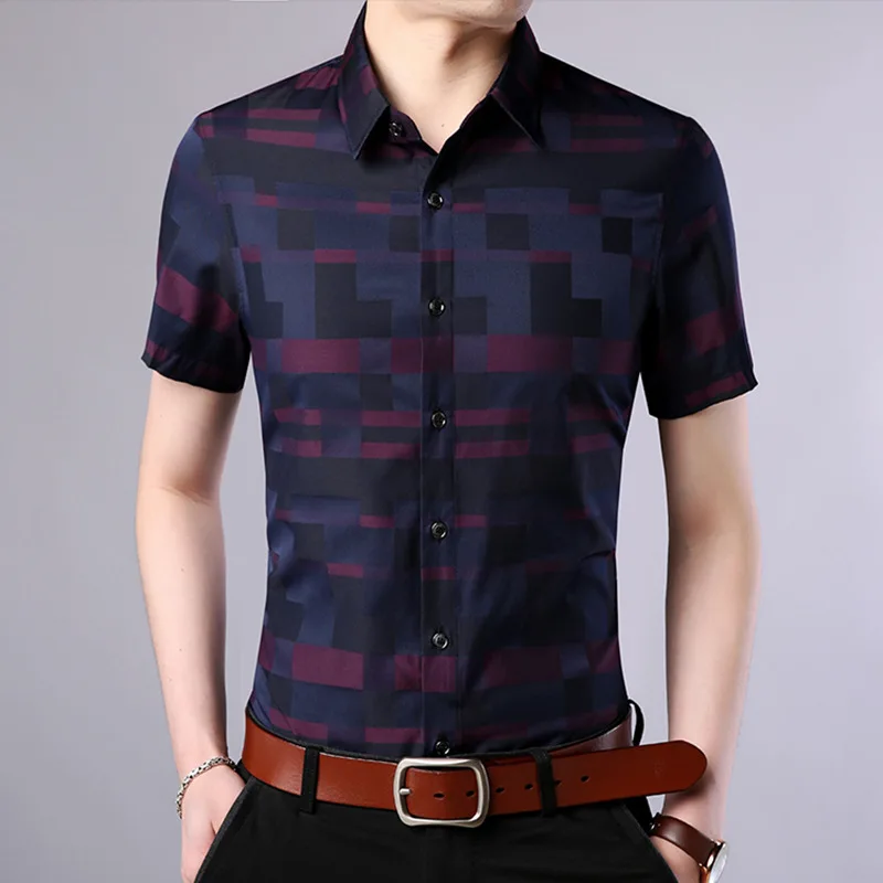 

Business Shirt Men Brand Clothing Short Sleeve Mens Dress Shirts Summer Casual Slim Fit Plaid Non Iron Formal Male Shirts