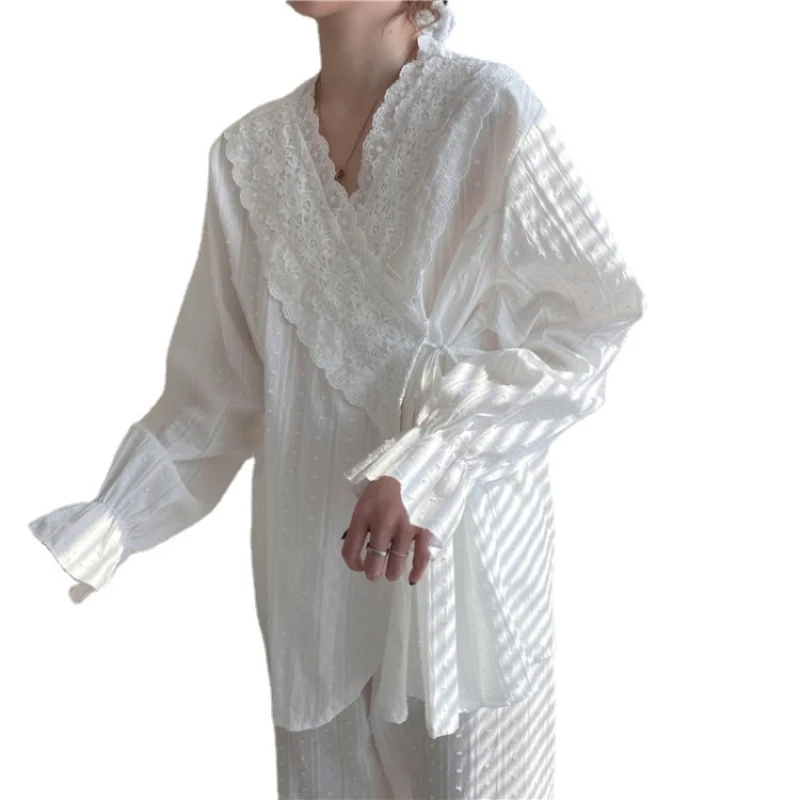 

Korean Autumn Lace Elegant Pure Color Cotton 2021 Pajamas Women Cotton Sweet Palace Style Pajamas Set Home Clothes