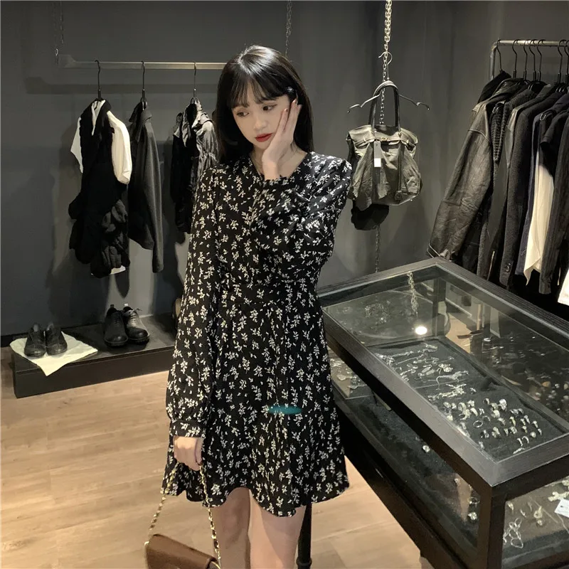 

Zaraing New Japan And South Spring Korea V-neck Floral Waist Waist Shows Thin Temperament Short Puff Sleeve Long Sleeve Dress