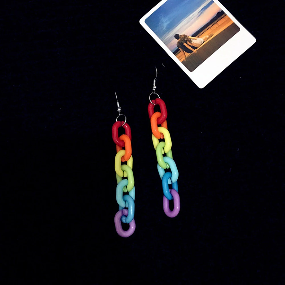 

Premium New Ins Macarons Retro Rainbow Buckle Acrylic Long chain Fun Cool Dangle Earrings for Girls Women Qualitied Jewelry