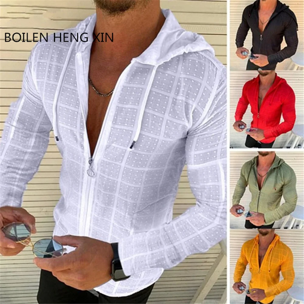 

Male Casual Sport Sexy T Shirts Hoodies Zipper Hooded Sweatshirts Personality Fashion Breathable Grid Thin Coats Short Sleeve