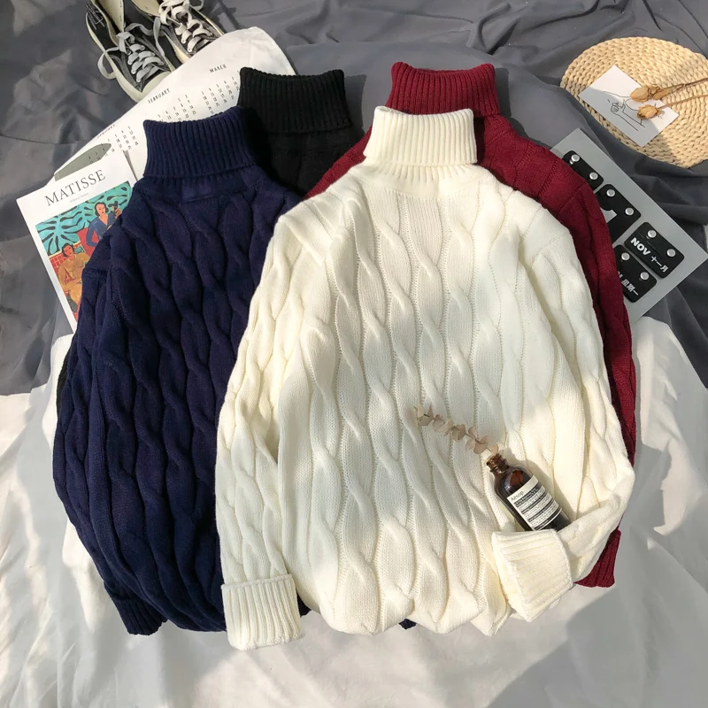 

Mens Plus Size 6xl 7xl Sweater for Korean Fashion Trends Knit Clothes Twist Pattern Jumper Autumn Turtleneck Pullover Streetwear