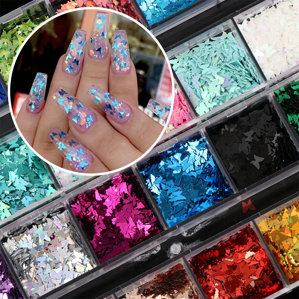 12 сеток/набор блеск для ногтей хлопья форма бабочки 3D шестиугольник красочные