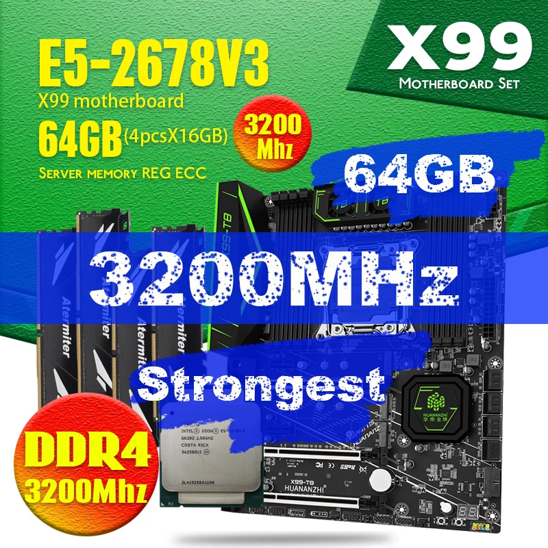 HUANANZHI Intel Ксеон E5 2678 V3 X99 F8 набор материнских плат с DDR4 LGA2011 3 и 2011 64 ГБ = 16 Гб * 4 шт 3200