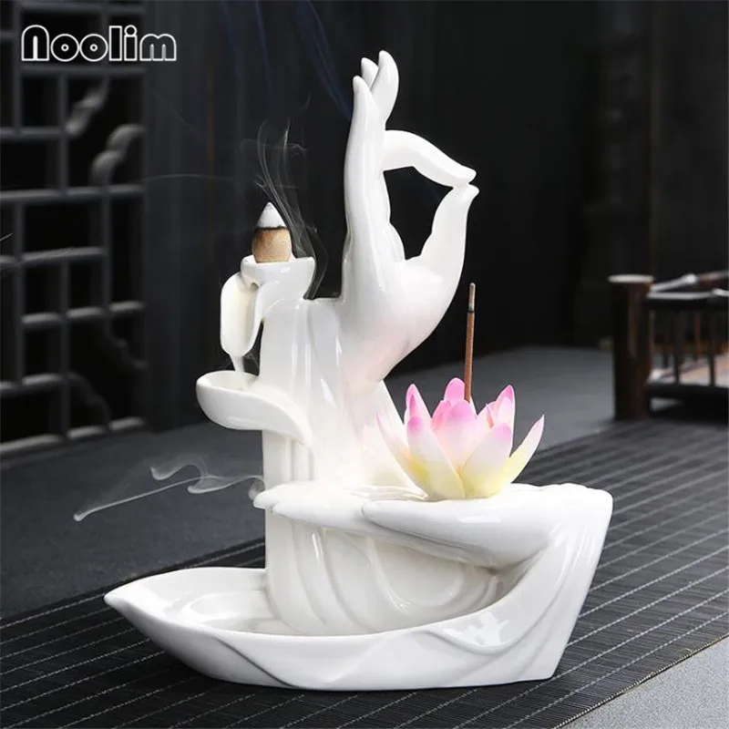 Керамический обратный поток ладан горелка с Буддой ручной дым водопад держатель