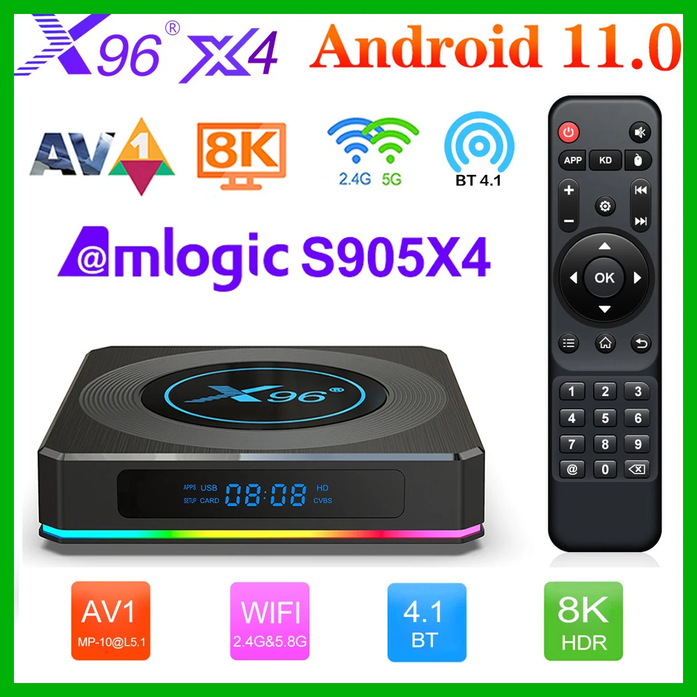 

Приставка Смарт-ТВ Amlogic S905X4 с RGB светильник кой, Двухдиапазонная, Android 11, 4G, HD, 8K, Wi-Fi, медиаплеер, ТВ-приставка, 4/64 ГБ