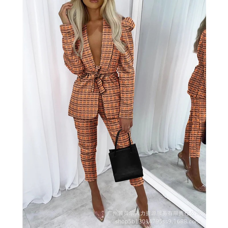 

WEPBEL Women's Elegant Plaid Blazer Suit Set Outfits Ladies Autumn Jacket Coat + Skinny Pants Two Piece Set