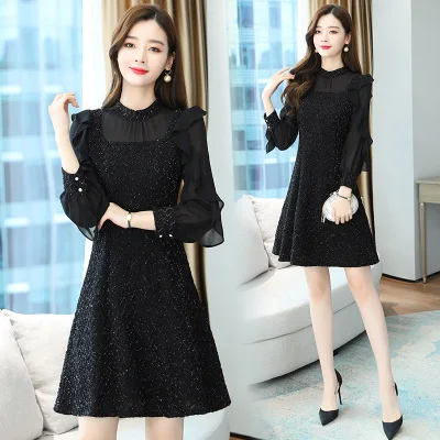 

Новое черное платье в стиле Хепберн, осеннее платье с длинным рукавом и маленьким летающим рукавом, женское платье в французском ретро стил...