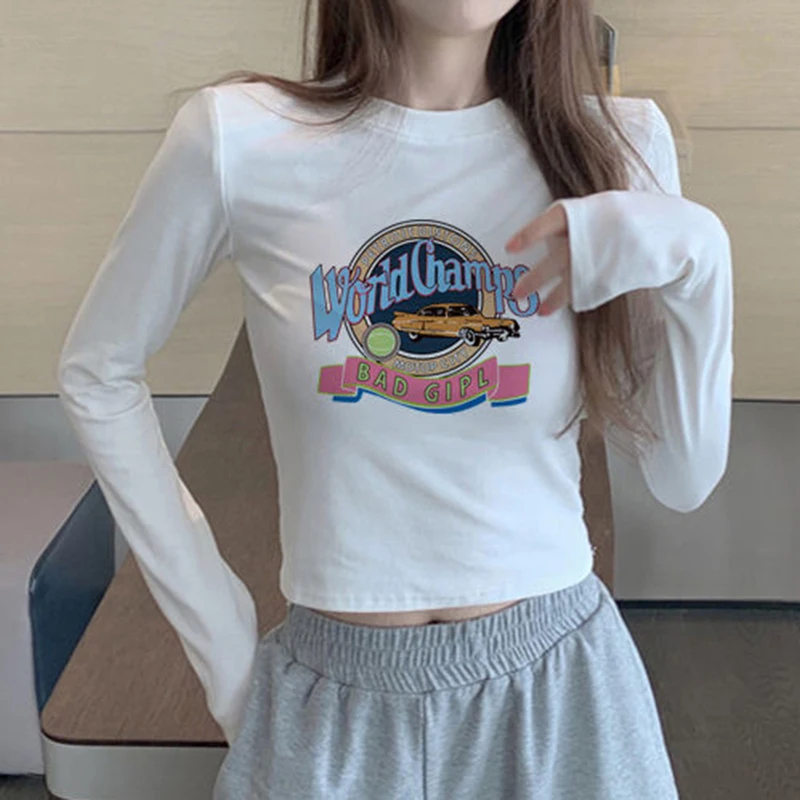 

Y2K Graphic T-shirt World championship print Fairy Grunge Long Sleeve Pullovers Kawaii Harajuku Crop Top Autumn Female clothing