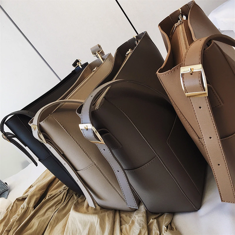 

Zipper Bucket Shoulder Bags For Women Vintage Large Capacity Soft Ladies Messenger Bags Work Female Composite Bags 2020