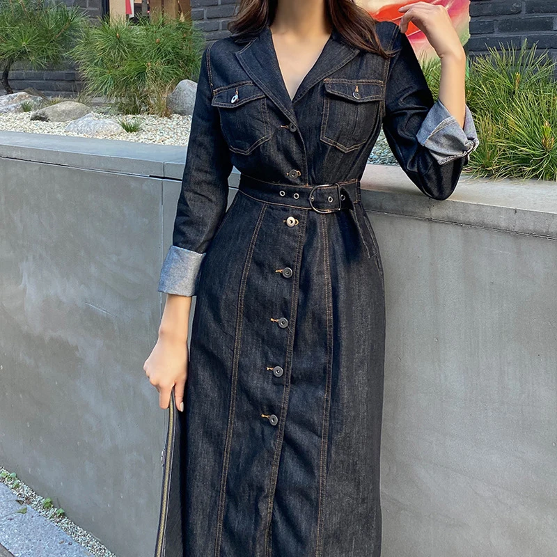 

new arrival fashion vintage Single breasted formal dress high quality work style vintage cute elegant simple denim a-line dress