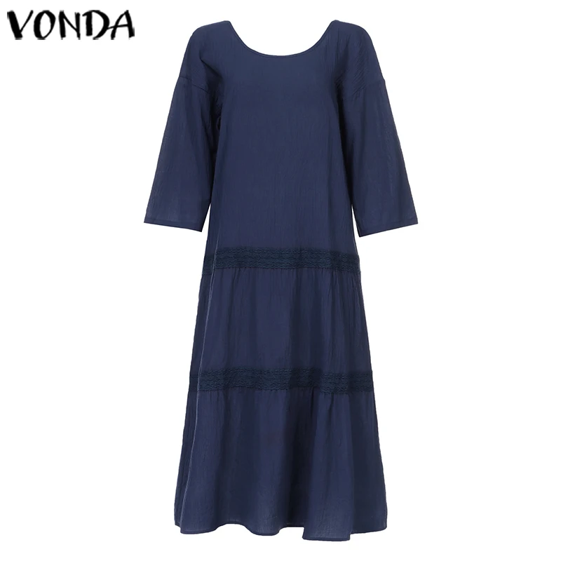 VONDA женское платье с коротким рукавом и круглым вырезом, однотонная хлопковая рубашка, свободное платье с оборками, длинное платье макси, большие размеры, вечерние платья