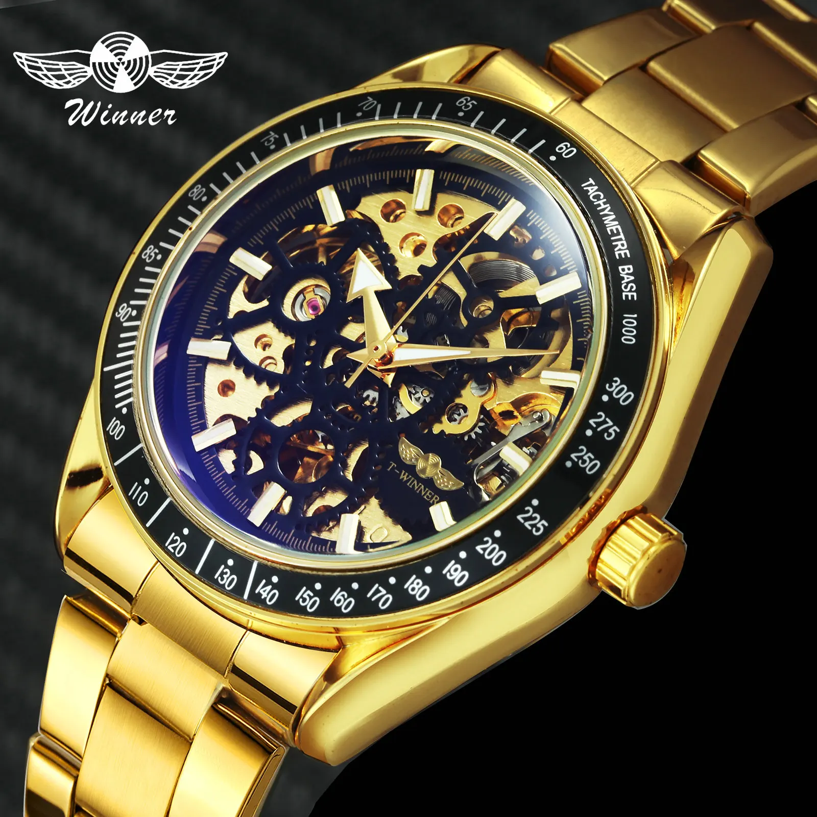 

WINNER Golden Watches Men Fashion Business Auto Mechanical Mens Watches Top Brand Luxury Stainless Steel Strap 2021 Hot Clock