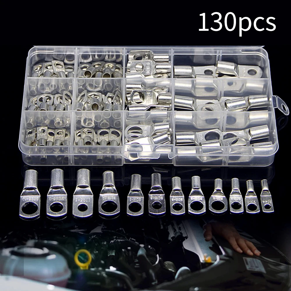 

130Pcs Universal Tube Terminals Resistant Flame Retardant Battery Welding Cable Lug Ring Crimp Connectors Kit Not Easy To Rust