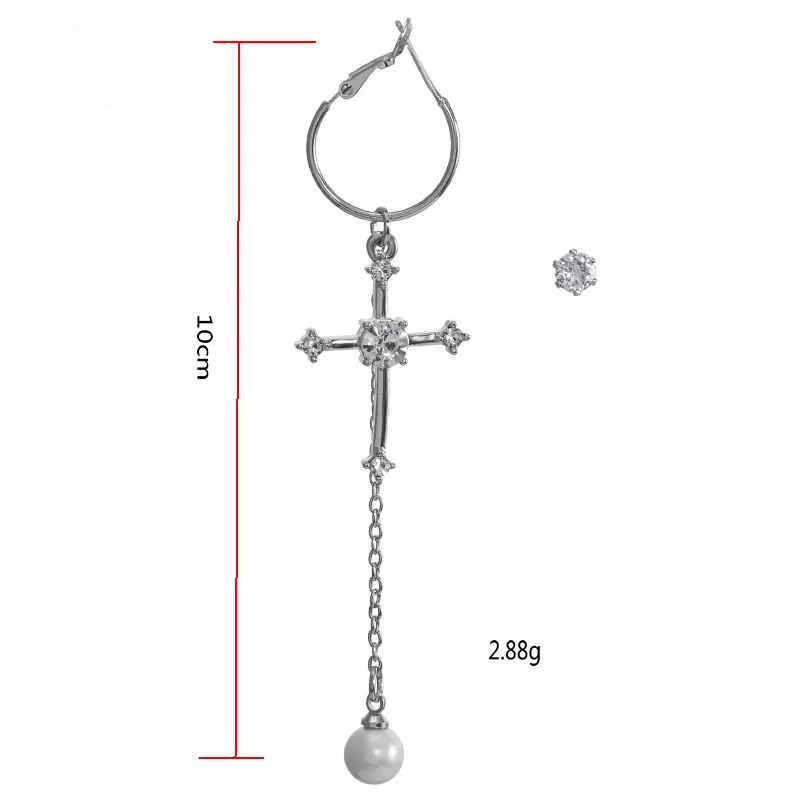

Korean Fashion Kpop Asymmetric Cross Earrings Rhinestone Cross Long Chain Pearl Drop Earrings for Women Punk Hip Hop Jewelry