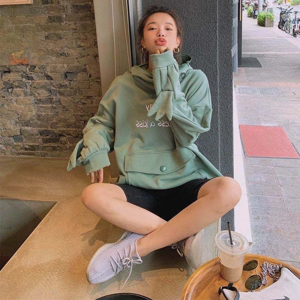 Women Cute Ear Frog Pullover Sweatshirt Mid-length Green Oversized Homewear Hoodies Creative Clothes 2020 Winter New | Женская одежда