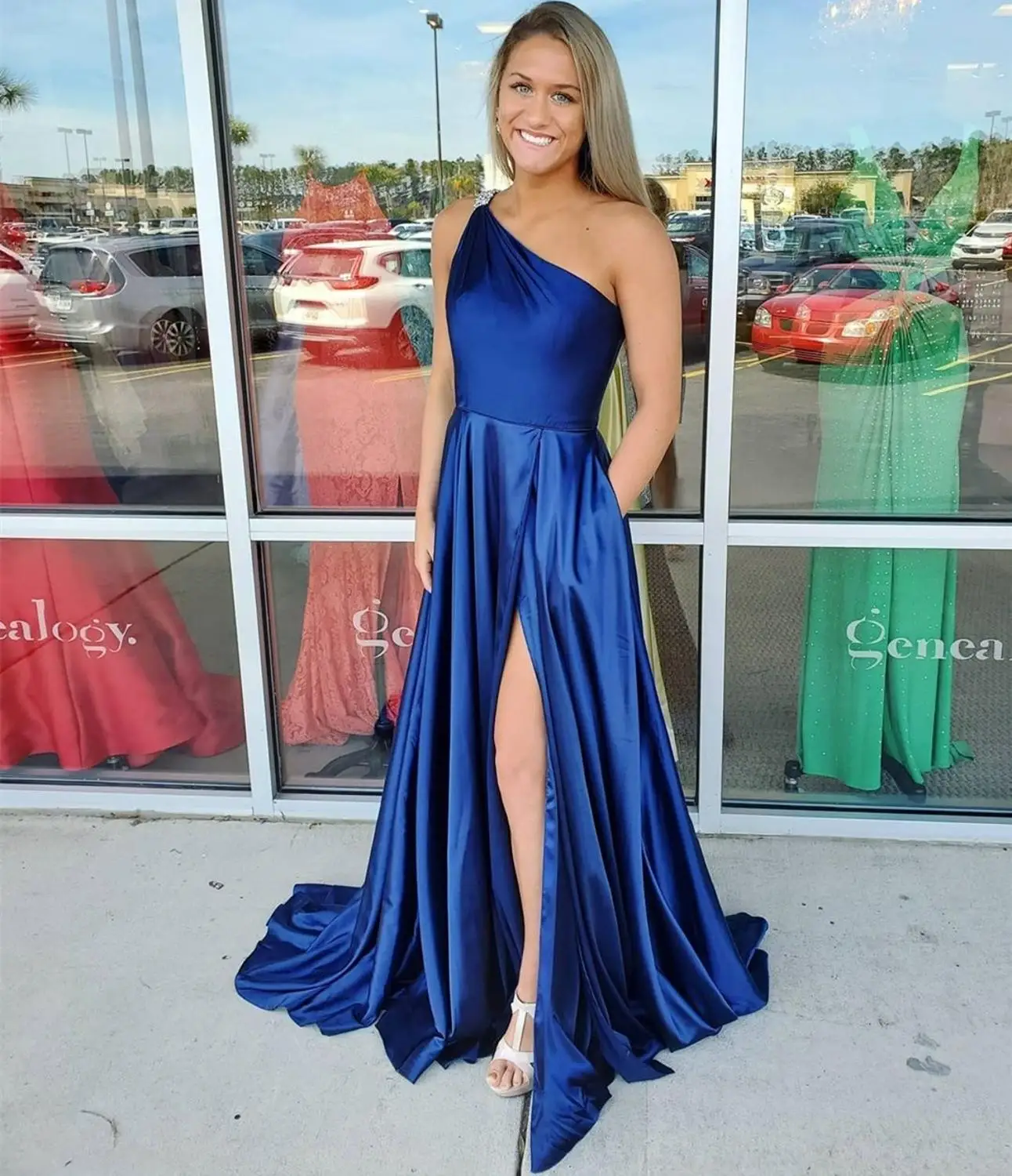 

2020 prom dress a-line roayl blue satin one shoulder side slit floor length women formal gowns charming robe elegante femme