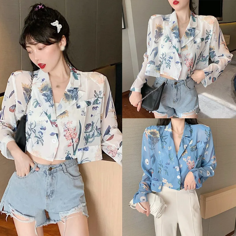 

Korean Blouse Floral Vintages Shirt Loose All-Match Tops Casual Chiffon Blue One Size Office lady Camisa Saco