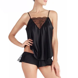 Burvogue, сексуальные пижамные комплекты для женщин, одежда для сна без рукавов на тонких бретельках, кружевные пижамы, атласная майка, шорты, пижамы