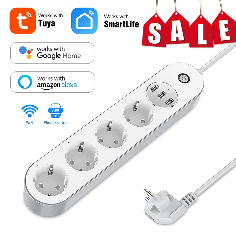 

4 EU Outlets Plug Wifi Smart Power Strip With 3 USB Charging Port Timing App Voice Control Work With Alexa Google Home Assistant