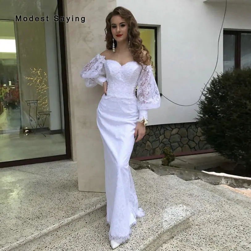 

Elegant Ivory Mermaid Sweetheart Off the Shoulder Lace Wedding Dresses 2020 Long Lantern Sleeves Formal Bridal Gowns Custom Made