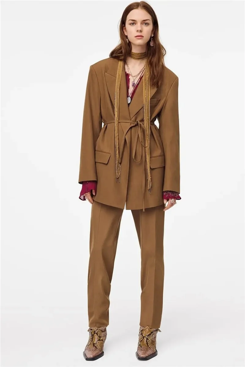 

Simple High Waist Office Blazer Suit with Bandage Women Solid Colors Lace Up Loose Casual Blazer 2021 Autumn Winter New Fashion