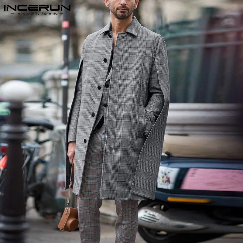 

Fashion Men Plaid Trench Cloak Lapel Long Sleeve Streetwear Single Breasted 2021 Ponchos Men Pockets Casual Coats S-5XL INCERUN