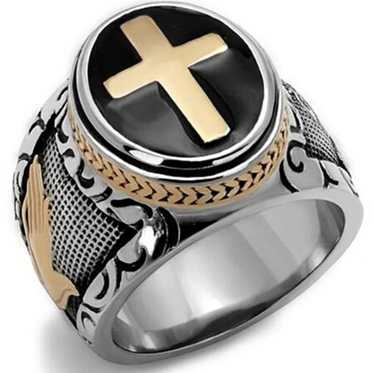 

Men's Personality Two Tone Cross Ring Jesus Christ Hands Praying Anniversary Ring Male Wedding Domineering Ring Hip Hop Jewelry
