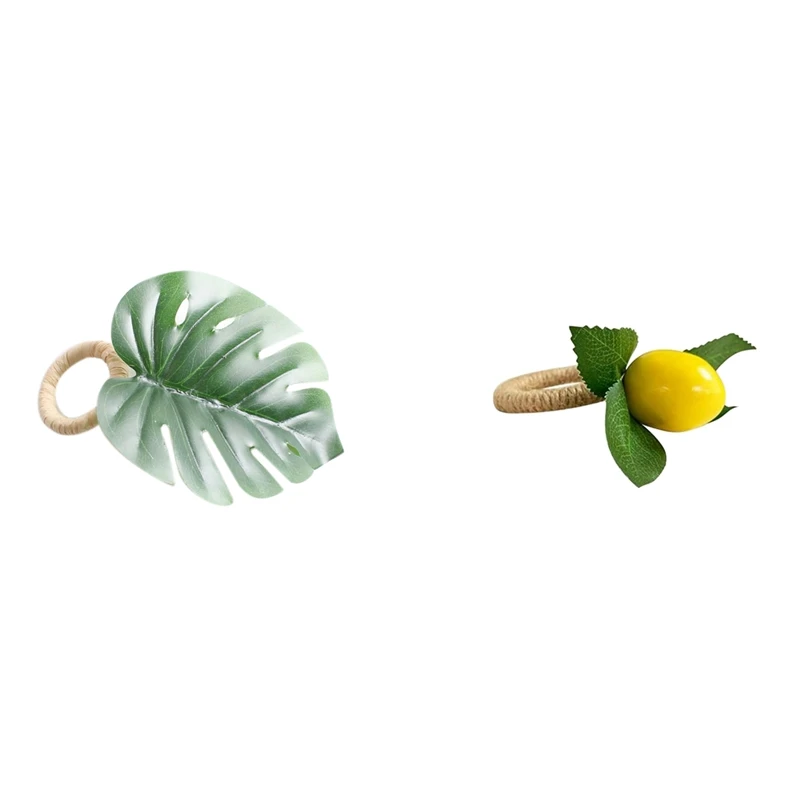

New 6Pcs Green Leaves Napkin Rings Napkin-Holder & 8Pcs Simulation Lemon Plant Napkin Ring Fruit Meal Buckle Hotel Model