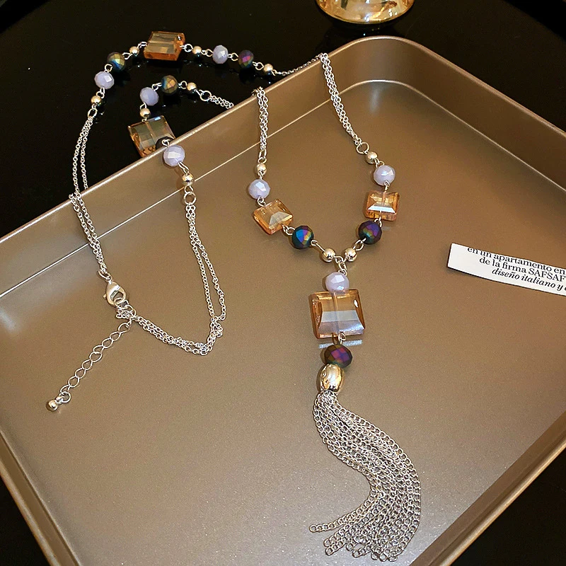 

New Trend Geometric Crystal Chain Tassel Pendant Chain Necklace for Women Girl Jewelry Choker Weddings Birthday Party Fine Gift