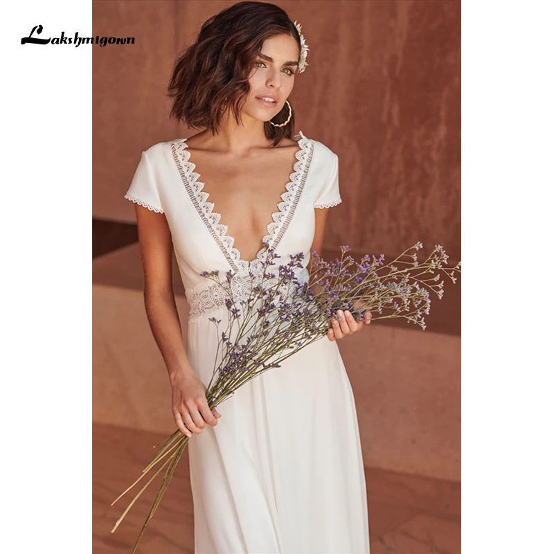 

Lakshmigown Bohemian V-Neck Beach A-Line Wedding Dresses Lace Backless Chiffon Wedding Dress Bridal Gowns Vestido De Novia