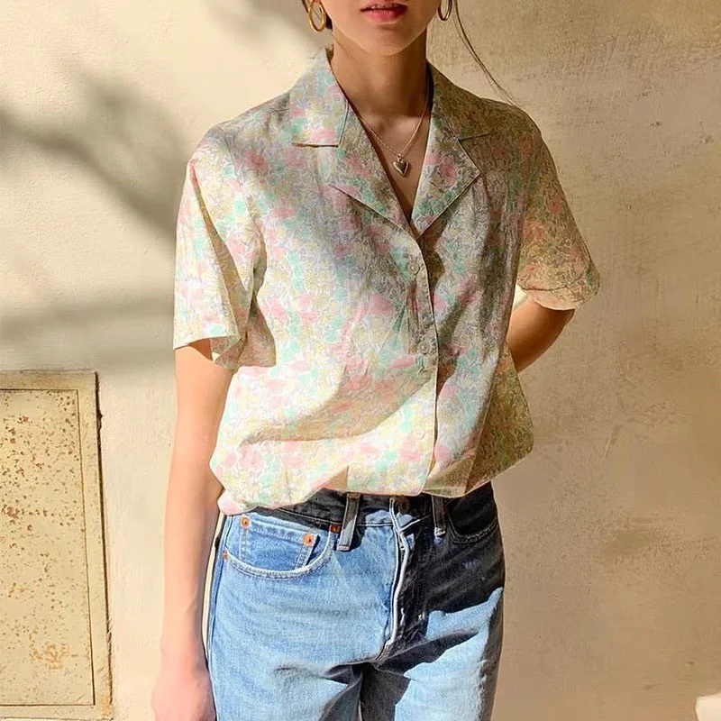 

Женская однобортная блузка из хлопка, с цветочным принтом, коротким рукавом и отложным воротником, весна-лето 2021