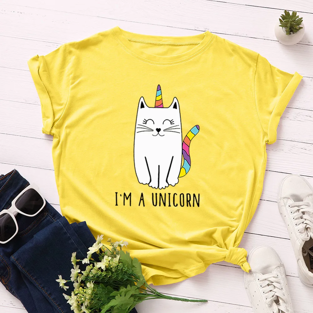 

Женские футболки из 100% хлопка с принтом I Am A Unicorn, футболка с милым мультяшным принтом кота, свободные женские топы с коротким рукавом