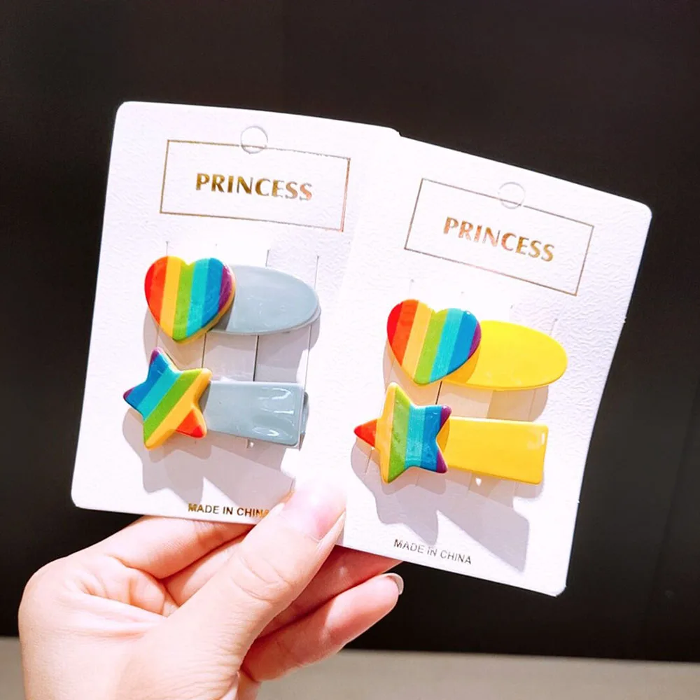 

2 Pcs Star Shaped Love Heart Children's Hairpin Cute Rainbow Gradient BB Clip Girl Candy Color Hair Pin