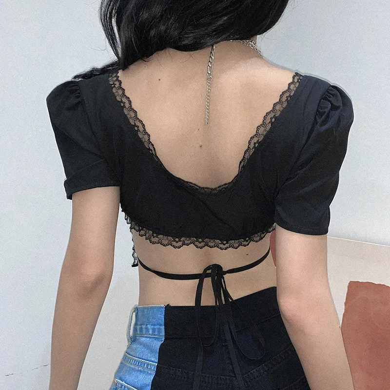 

Goth Dark Gothic Sexy Bodycon Lace Women Summer Crop Tops Black Backless Mesh Bandage Female Clothes Fashion Vintage E-Girl Tee