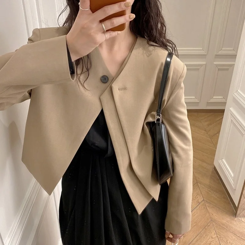 

Jacket Coat Korean Chic Early Autumn V-neck One Layered Design Casual And Versatile Short Suit Coat Women