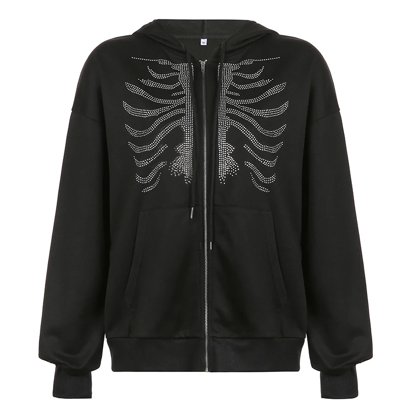 

Women's hooded sweatshirt, zipper, skull, ribs, Y2k diamond sweatshirt, loose, casual, streetwear, black, Harajuku, autumn2021