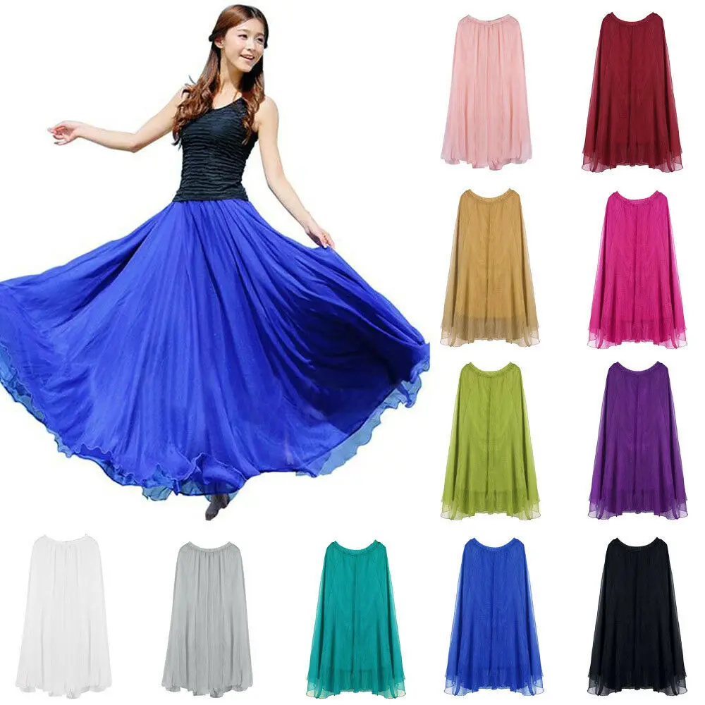 

Women Skirt Elastic Waist Chiffon Long Maxi Pure Beach Dress Chiffon Beach Skirt